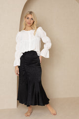 Black Satin Ruched Floral Skirt