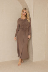 Brown Long Sleeve Ruched Maxi