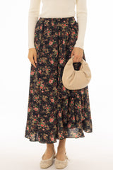 Black Multi Print Side Ruffle Maxi Skirt