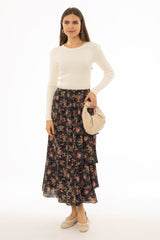 Black Multi Print Side Ruffle Maxi Skirt