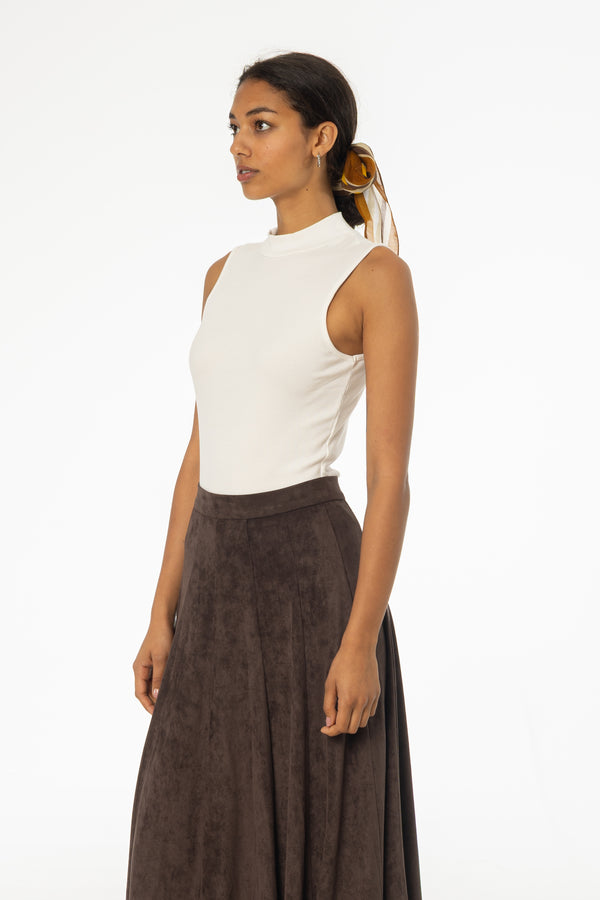 White Ribbed Sleeveless Mock Neck Top