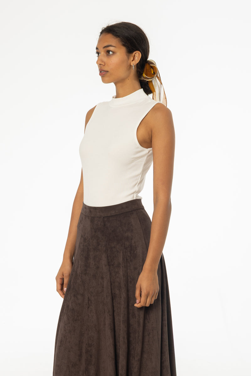 White Ribbed Sleeveless Mock Neck Top