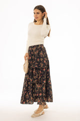 Black Multi Print Side Ruffle Maxi Skirt