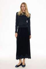 Navy Lace Trim Velvet Maxi Skirt