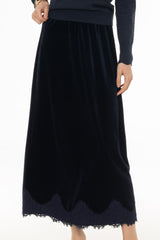 Navy Lace Trim Velvet Maxi Skirt