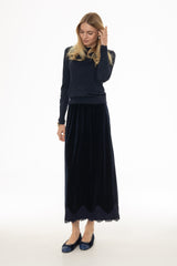 Navy Lace Trim Velvet Maxi Skirt
