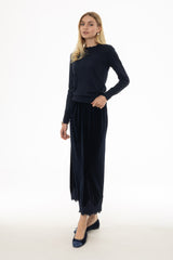Navy Lace Trim Velvet Maxi Skirt