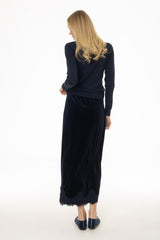Navy Lace Trim Velvet Maxi Skirt