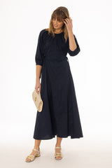 Navy Side Tie Cotton Maxi Dress