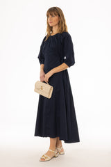 Navy Side Tie Cotton Maxi Dress