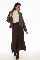 Brown Drop-Waist Microsuede Midi Skirt
