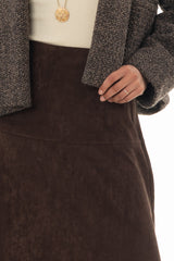 Brown Drop-Waist Microsuede Midi Skirt