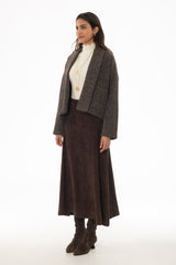 Brown Drop-Waist Microsuede Midi Skirt