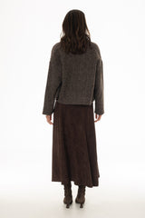 Brown Drop-Waist Microsuede Midi Skirt