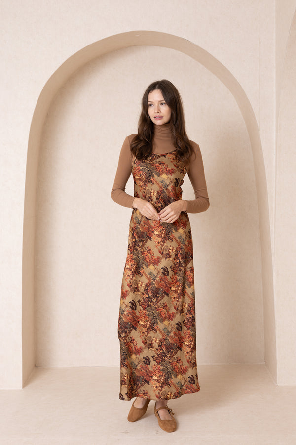 Brown Printed Slip Dress