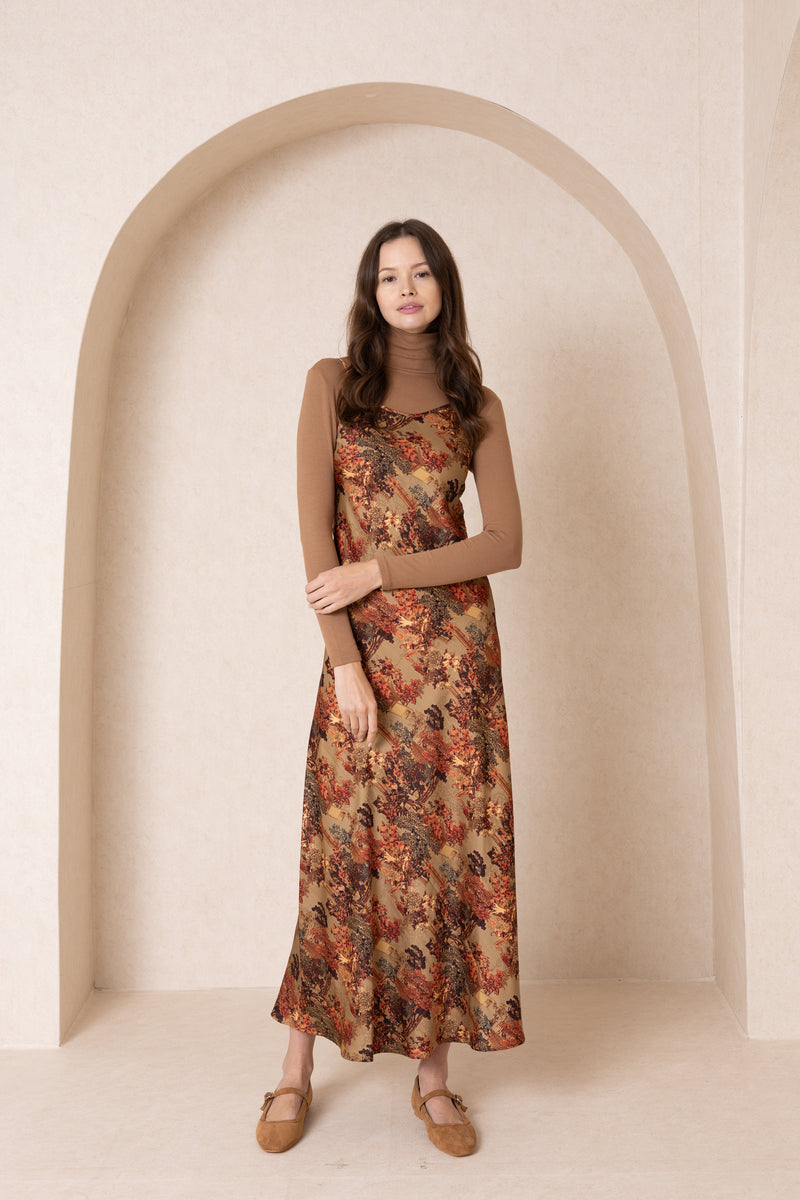 Brown Printed Slip Dress