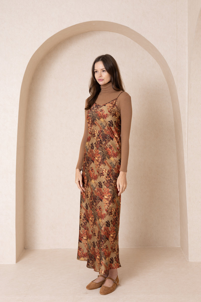 Brown Printed Slip Dress