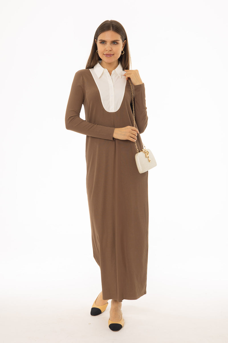 knee length dresses for ladies Brown Combo Blouse Maxi Dress – BLANK