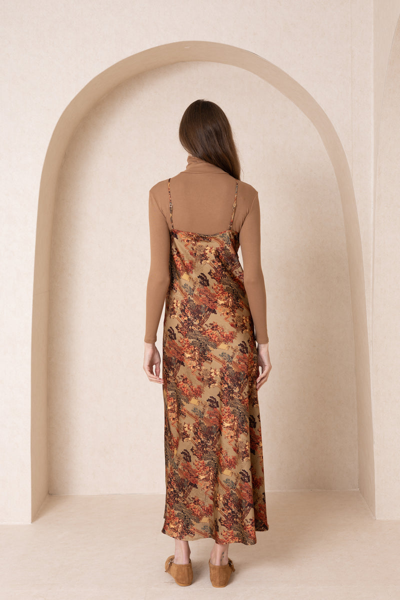 Brown Printed Slip Dress