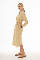 Tan Double Button Maxi Shirt Dress