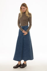 Blue Godet Flare Maxi Skirt