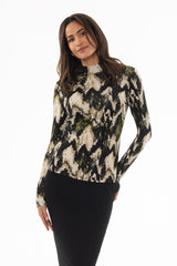 Green Abstract Mock Neck Top