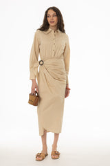 Tan Half Wrap Cotton Maxi Dress