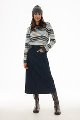 Blue Denim Patch Pocket Midi Skirt