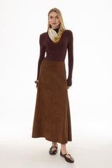 Camel Asymmetric Waist Microsuede Maxi Skirt