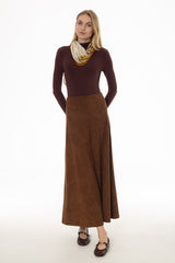 Camel Asymmetric Waist Microsuede Maxi Skirt