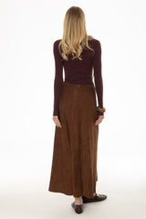 Camel Asymmetric Waist Microsuede Maxi Skirt