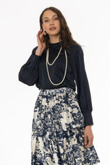 Navy Chiffon Edge Blouse