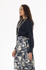 Navy Chiffon Edge Blouse