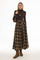 Camel Multi Plaid Flare Maxi Skirt