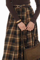 Camel Multi Plaid Flare Maxi Skirt