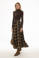 Camel Multi Plaid Flare Maxi Skirt