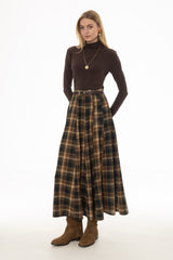 Camel Multi Plaid Flare Maxi Skirt