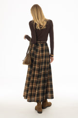 Camel Multi Plaid Flare Maxi Skirt