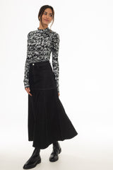 Black Bottom Paneled Denim Maxi Skirt