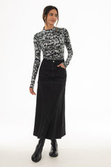 Black Bottom Paneled Denim Maxi Skirt
