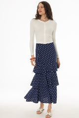 Navy Polka Dot Ruffle Maxi Skirt