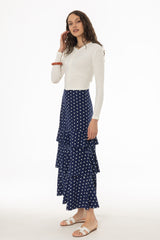 Navy Polka Dot Ruffle Maxi Skirt