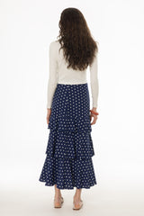 Navy Polka Dot Ruffle Maxi Skirt