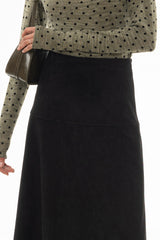 Black Drop-Waist Microsuede Midi Skirt
