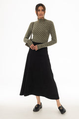 Black Drop-Waist Microsuede Midi Skirt