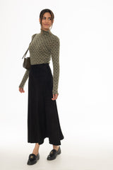 Black Drop-Waist Microsuede Midi Skirt
