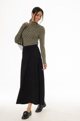 Black Drop-Waist Microsuede Midi Skirt