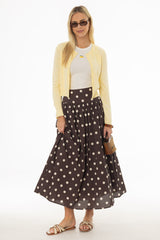 Brown Polka Dot Printed Waisted Maxi Skirt