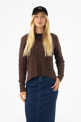Brown V-Neck Cable Knit Sweater