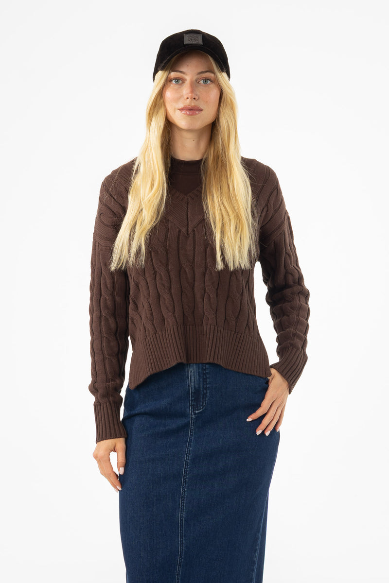 Brown V-Neck Cable Knit Sweater